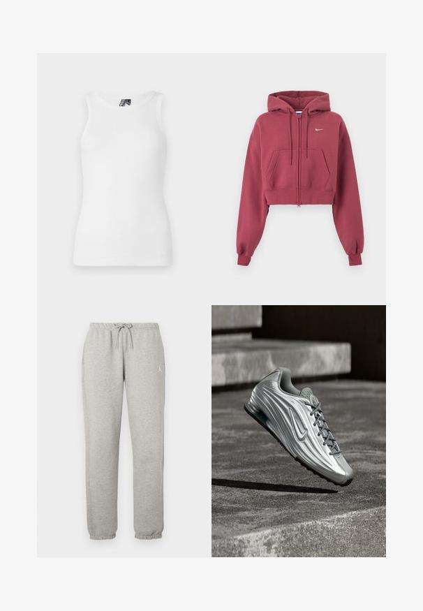 Bordeauxfarbener, kurz geschnittener Hoodie mit Reißverschluss vorne, Eingrifftaschen, verstellbarer Kordelzugkapuze, gerippten Bündchen und kleinem weißem Nike-Logo auf der Brust.; Weißes, geripptes Tanktop mit rundem Ausschnitt und ärmellosem Design, gefertigt aus einem weichen Baumwollmix mit taillierter Silhouette.; Hellegraue Jogginghose mit elastischem Bund, Kordelzug, seitlichen Taschen, umgeschlagenen Knöcheln und kleinem weißen Logo am Oberschenkel.; Silberner Nike-Sneaker mit strukturiertem Seitendesign und grauen Schnürsenkeln, der über Betontreppen in einer gedämpften Außenumgebung schwebt.