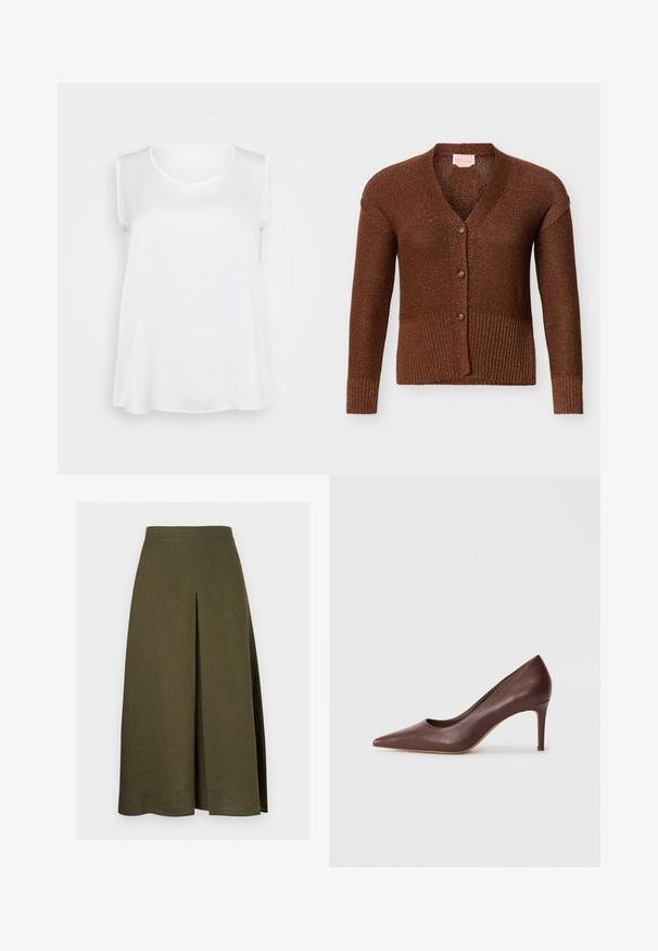 Brun strikket cardigan med V-hals, tre knapper af træ, ribbet manchetter og kant, vist på en ensartet lys baggrund.; Hvid ærmeløs top med en glat tekstur, v-hals og afslappet pasform. Lidt buet kant og sideslids for forbedret bevægelse.; Olivengrøn højtaljet midi-nederdel med en front central plissé og en glat talje, lavet af let vævet stof.; Brun læder højhælet sko med spids tå og et strømlinet design samt moderat stiletthæl, der har en glat tekstur og minimale detaljer.