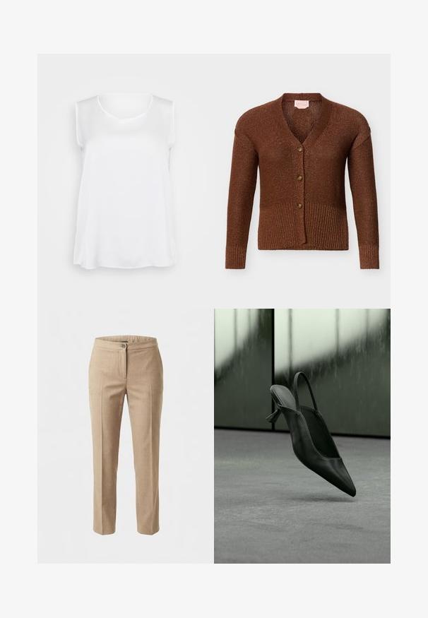 Brun strikket cardigan med V-hals, tre knapper af træ, ribbet manchetter og kant, vist på en ensartet lys baggrund.; Hvid ærmeløs top med en glat tekstur, v-hals og afslappet pasform. Lidt buet kant og sideslids for forbedret bevægelse.; Beige bukser med lige ben, frontfolder, knaplukning og elastisk taljebånd, vist på hvid baggrund.; Sort læder slingback højhælet sko med spids tå svævende over gråt tæppe, sløret grønlig væg i baggrunden.