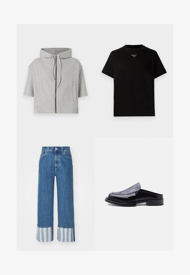 Grå hættetrøje med lynlås, korte ærmer og to sidelommer, lavet af blødt materiale, med et minimalistisk design.; Sort bomulds T-shirt med korte ærmer, rund halsudskæring og en sølvlogo detalje på brystet. Glat tekstur og afslappet pasform.; Bredde denimbukser i mellemblå med en manchet i blå og hvide lodrette striber. Klassisk fem-lomme-design med knaplukning.; Sort laklæder slip-on loafer med firkantet tå, flad hæl og "Moschino Milano" metalmærke på siden.
