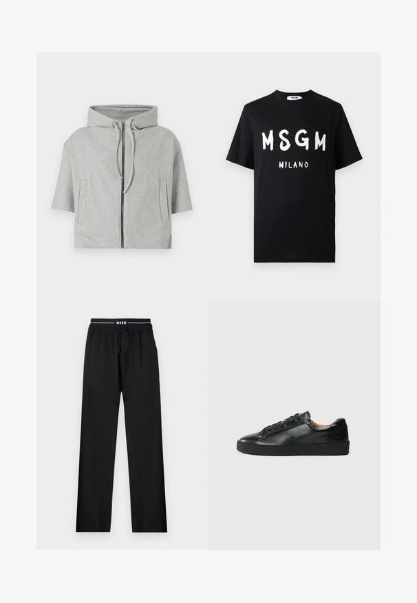 Sweat-shirt à capuche gris avec fermeture éclair, manches courtes et deux poches latérales, fabriqué dans un matériau doux, arborant un design minimaliste.; T-shirt en coton noir avec un texte blanc audacieux "MSGM MILANO". Manches courtes et col rond. Texture lisse avec une coupe décontractée.; Pantalons noirs à coupe décontractée, taille élastique, cordon de serrage ajustable et poches latérales. Fabriqués en tissu lisse sans motifs.; Baskets en cuir noir avec une texture lisse, bout rond et fermeture à lacets. Comprend une semelle en caoutchouc épaisse et un minimum de détails de marque.