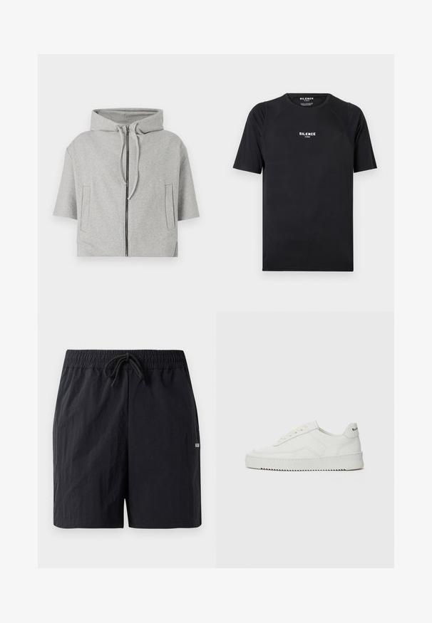 Grauer Kapuzenpullover mit Reißverschluss, kurzen Ärmeln und zwei Seitentaschen, aus weichem Material gefertigt und mit einem minimalistischem Design.; Schwarzes T-Shirt mit kurzen Ärmeln aus glattem Stoff, ausgestattet mit einem Rundhalsausschnitt und einem weißen "SILENCE"-Logo auf der Brust.; Schwarze Schwimmshorts aus strukturiertem Stoff, mit einem elastischen Bund und Kordelzug sowie einem kleinen Logo an der Seite.; Weiße Ledersneaker mit glatter Oberfläche, runder Zehenpartie, flachen Schnürsenkeln und strukturiertem Sohlenprofil. Mit einem dezenten Logo an der Ferse.