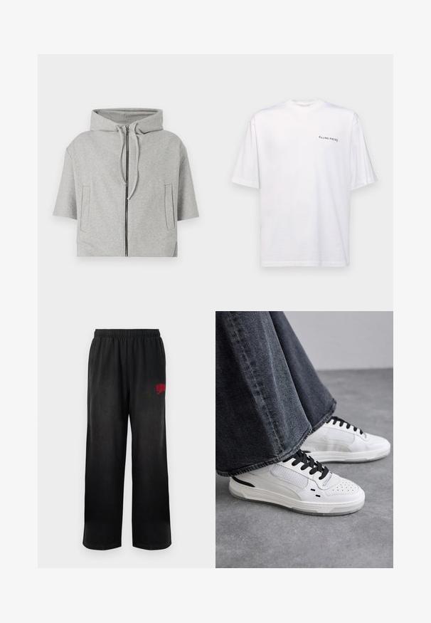 Grå hættetrøje med lynlås, korte ærmer og to sidelommer, lavet af blødt materiale, med et minimalistisk design.; Hvid kortærmet t-shirt i bomuld med v-hals, med et sort "FILLING PIECES" logo trykt på venstre side.; Sorte sweatpants med elastisk talje og sidelommer. Har rød "Billionaire Boys Club" logo på højre lår. Blød, glat tekstur.; Hvide sneakers med sorte snørebånd og mesh-detaljer. Har en glat læderoverdel og en tekstureret gummisål. Bæres sammen med brede grå jeans.