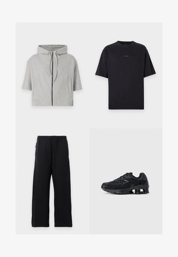 Grå hættetrøje med lynlås, korte ærmer og to sidelommer, lavet af blødt materiale, med et minimalistisk design.; Oakley RISE TEE - T-shirts basic - blackout; Sorte joggingbukser lavet af blødt stof, med snoretræk i livet, bred ben-design og sidelommer med en glat overflade.; Sort atletiksko med mesh-overdel, polstret krave og markant støddæmpningsteknologi ved hælen. Har teksturerede detaljer og snørebånd.