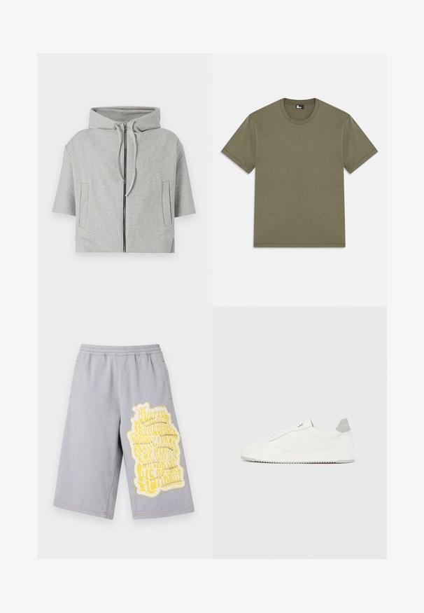Grauer Kapuzenpullover mit Reißverschluss, kurzen Ärmeln und zwei Seitentaschen, aus weichem Material gefertigt und mit einem minimalistischem Design.; Olivengrünes Baumwoll-T-Shirt, kurze Ärmel, runder Halsausschnitt, gerade geschnitten, weiche Textur, keine Muster, minimalistisches Design, Etikett am inneren Halsausschnitt.; Graue Baumwollshorts mit einem elastischen Bund, versehen mit einem großen gelben Grafikdruck und ausgefransten Kanten am linken Bein.; Weißer Sneaker mit niedrigem Schaft, grauem Fersenlaschen, weißen Schnürsenkeln und einer strukturierten Sohle, dargestellt vor einem schlichten hellen Hintergrund.