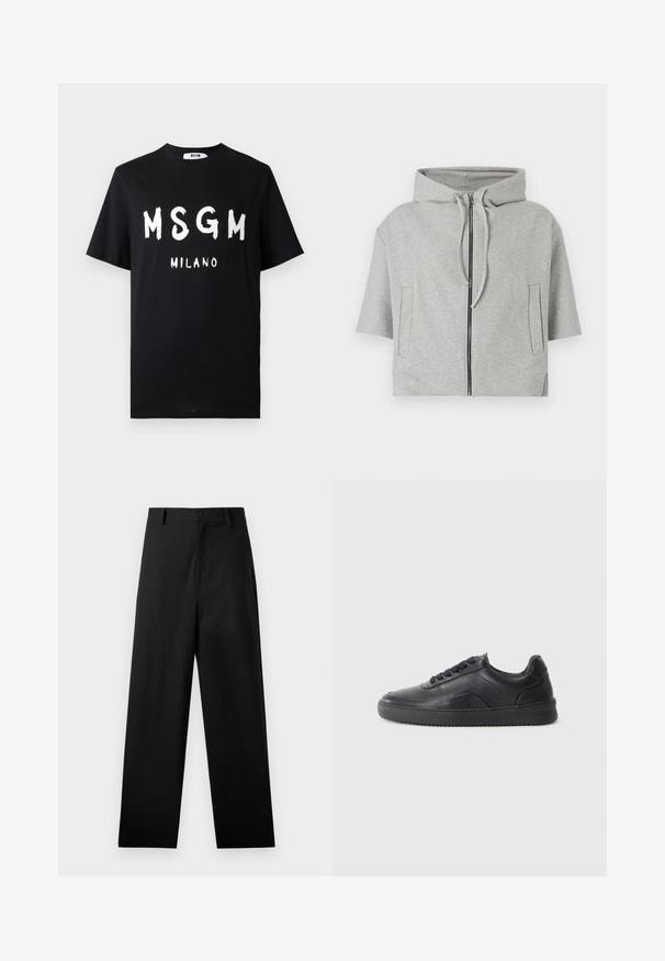 Sweat-shirt à capuche gris avec fermeture éclair, manches courtes et deux poches latérales, fabriqué dans un matériau doux, arborant un design minimaliste.; T-shirt en coton noir avec un texte blanc audacieux "MSGM MILANO". Manches courtes et col rond. Texture lisse avec une coupe décontractée.; Pantalons noirs en coton avec une coupe droite, dotés d'une fermeture à bouton à l'avant et de poches latérales. Texture lisse, sans motifs.; Chaussure de sport en cuir noir avec une finition lisse, bout arrondi, panneau latéral texturé et lacets noirs. Présente une semelle en caoutchouc plate et un design minimaliste.