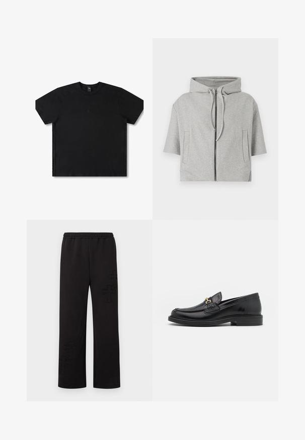 Grauer Kapuzenpullover mit Reißverschluss, kurzen Ärmeln und zwei Seitentaschen, aus weichem Material gefertigt und mit einem minimalistischem Design.; Schwarzes Kurzarm-T-Shirt aus Baumwolle mit Rundhalsausschnitt, ausgestattet mit einem dezenten Logo in der Mitte und einem entspannten Schnitt.; Schwarze Jogginghose aus weichem Stoff mit elastischem Bund und dezenten Kreuzmustern an den unteren Beinbereichen. Gerade geschnittenes Bein.; Schwarze Lederleter mit einer abgerundeten Zehenpartie, ausgestattet mit goldenen Hardwareakzenten und Stichdetails, auf einer niedrigen, strukturierten Gummisohle.
