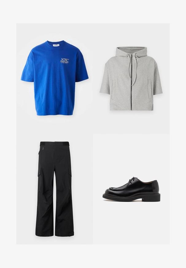 Sudadera gris con capucha y cierre de cremallera, de mangas cortas y dos bolsillos laterales, confeccionada en material suave y con un diseño minimalista.; Camiseta de algodón azul con mangas cortas, con un logo gris en la parte superior izquierda del pecho, escote redondo y un corte relajado.; Pantalones cargo negros fabricados con un tejido suave y resistente al agua. Presentan piernas anchas, múltiples bolsillos laterales y una cinturilla plana con un branding sutil.; Zapato de cuero negro con punta redondeada, detalles de costura, cordones mínimos y suela de goma gruesa para tracción y durabilidad.