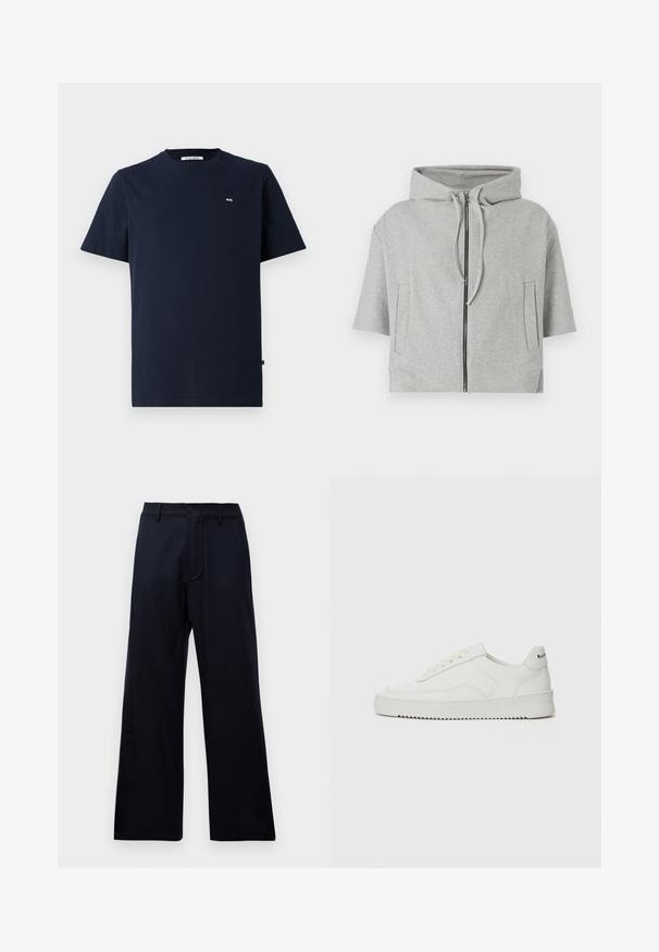 Γκρι hoodie με φερμουάρ, κοντά μανίκια και δύο πλαϊνές τσέπες, φτιαγμένο από μαλακό υλικό, με μινιμαλιστικό σχέδιο.; Ναυτικό μπλε βαμβακερό T-shirt με κοντά μανίκια, στρογγυλή λαιμόκοψη, διακριτό λογότυπο "WW" στο στήθος και ίσιο στρίφωμα. Λείος υφασμάτινος ιστός, χαλαρός σχεδιασμός.; Μαύρο παντελόνι καμπάνα ψηλόμεσο με θηλιές ζώνης, μπροστινό κουμπί και φερμουάρ σε λευκό φόντο.; Λευκό δερμάτινο sneakers με λείο φινίρισμα, στρογγυλή μύτη, επίπεδα κορδόνια και υφή στην σόλα. Φέρει μια διακριτική λογότυπο στη φτέρνα.