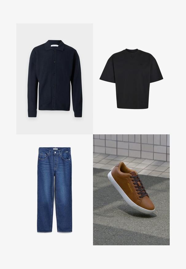 Marineblauw wollen trui met een kraaghals, knoopsluiting aan de voorkant, lange mouwen en een soepele textuur.; Zwarte oversized T-shirt met korte mouwen en ronde hals met subtiel tonale Adidas-logo op de linkerborst.; Denim jeans in diepblauwe kleur, recht gesneden ontwerp met een gemiddelde tailleband, vijf zakken en subtiele vervaging aan de voorkant.; Bruine leren sneaker met witte rubberen zool, donkerbruine veters en een gegraveerd logo. Heeft een gladde textuur en subtiele stikdetails.