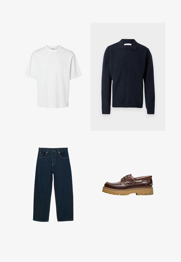 Merino villaneule tummansinisenä, kauluksella, etupainikkeella, pitkillä hihoilla ja sileällä pinnalla.; Yksinkertainen valkoinen lyhythihainen paita pyöreällä pääntiellä ja rento istuvuus, esitetty valkoisella taustalla.; Tummansiniset farkut, joissa on rento istuvuus. Omistavat viisi taskua, kultaiset ompeleet ja nappikiinnitys vyötäröllä.; Ruskea nahkainen purjehduskengän, jossa paksu vaaleanruskea kumipohja ja nyöritys, valkoisella taustalla.