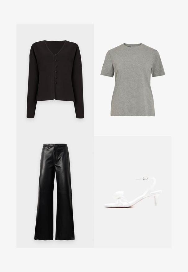 Cardigan negro de cuello en V con mangas largas, con un cierre de botones en la parte delantera y botones redondeados. Tejido de punto suave con un diseño minimalista.; Camiseta gris de algodón con cuello redondo clásico, mangas cortas y textura suave, ideal para un uso casual.; Pantalones de imitación de cuero negros de cintura alta y pierna ancha con botón frontal, cierre de cremallera, pasadores para cinturón y bolsillos laterales sobre fondo blanco.; Sandalia blanca con tiras, tacón bajo tipo kitten, correa con hebilla en el tobillo y una flor decorativa en la tira delantera.