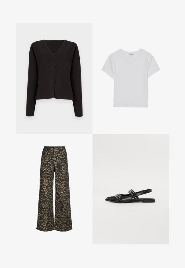 Zwarte V-hals cardigan met lange mouwen, voorzien van een knopenfrontsluiting en ronde knopen. Zacht breiwerk met een minimalistisch ontwerp.; Witte T-shirt met korte mouwen en V-hals, gemaakt van ribbelstof. Heeft een strakke ontwerp met een rechte zoom en minimale details.; Broek met wijde pijpen en een all-over bruin-zwarte luipaardprint, met knopen en ritssluiting aan de voorkant.; Even&Odd Slingback ballerina´s - black