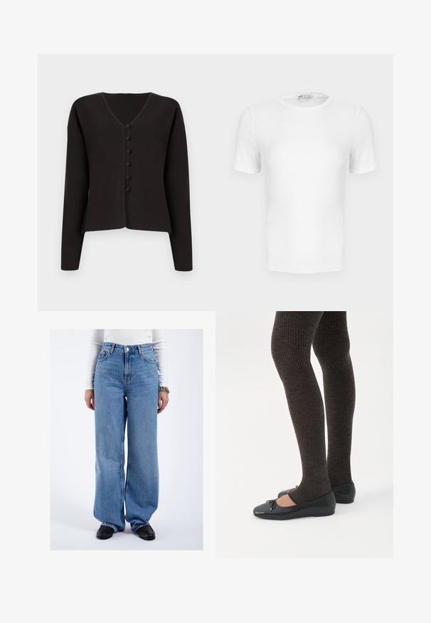 Cardigan negro de cuello en V con mangas largas, con un cierre de botones en la parte delantera y botones redondeados. Tejido de punto suave con un diseño minimalista.; Camiseta blanca de manga corta con cuello redondo acanalado, corte ajustado y una pequeña etiqueta de la marca en el interior del cuello.; Persona vistiendo vaqueros azules de talle alto y pierna ancha, mocasines negros, camiseta blanca de manga larga y una pulsera de cadena, de pie frente a un fondo blanco liso.; Piernas con leggings oscuros acanalados combinados con bailarinas negras que presentan pequeños detalles de lazo sobre un fondo blanco.