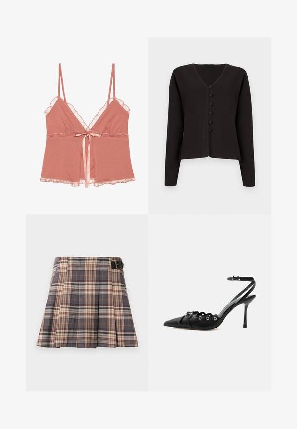 Sort V-hals cardigan med lange ærmer, der har en knaplukning fortil og runde knapper. Blød strikket stof med et minimalistisk design.; Støvet rosa camisole med blondekant, justerbare spaghettistropper og et satinbånd i taljen. Blødt stof med et flagrende design.; Rutig nederdel i grå, beige og rustfarver; har plisseringer, en spænde detalje og et struktureret design. Fremstillet af et vævet stof.; Sort spids hæl med bølgede kanter, metaløjer, snørelukning foran og ankelrem med spænde.