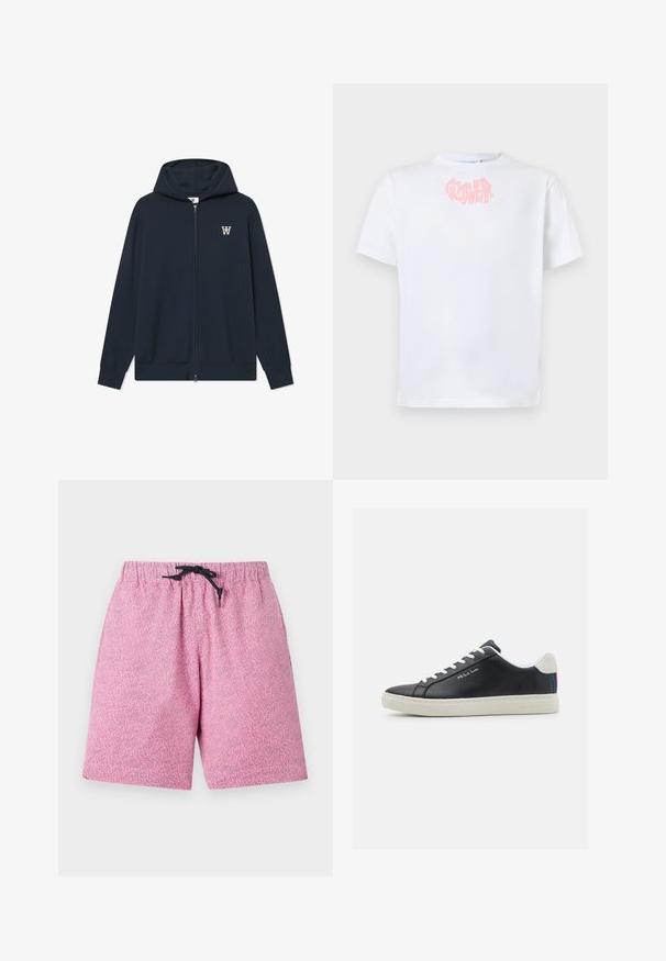 WOOD WOOD WWCURT - Gilet - salute; T-shirt blanc à manches courtes avec texte rose déformé "GOSWEAR" centré près de l'encolure sur un fond uni.; Shorts de bain roses à motifs avec une taille élastique et un cordon noir. Le matériau semble léger avec une surface texturée.; Baskets en cuir noir avec lacets blancs et semelle en caoutchouc. Présente un accent rayé bleu, rouge et vert au talon. Détails cousus inclus.