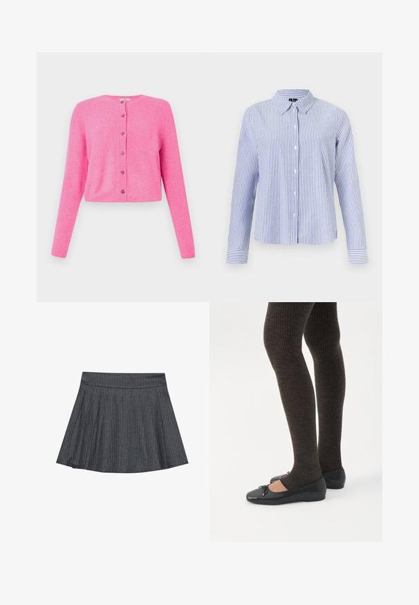 Lyserød cropped cardigan lavet af blødt materiale, med lange ærmer, rund halsudskæring og seks forknapper med dekorative detaljer.; Langærmet skjorte med knapper med hvide og lyseblå lodrette striber og en spids krave vist på en ensfarvet baggrund.; Grå stribede skater nederdel med en tætsiddende talje, udformet i A-linje og en blød stofstruktur. Lodrette linjer øger den visuelle interesse.; Ben iført mørke ribbede leggings kombineret med sorte balletsko med små sløjfedetaljer på hvid baggrund.