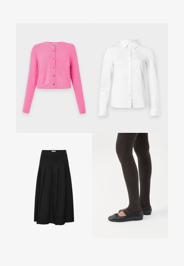 Roze, korte cardigan gemaakt van zacht materiaal, met lange mouwen, een ronde halslijn en zes knopen aan de voorkant met decoratieve accenten.; Witte blouse met lange mouwen en knopen, met puntige kraag, rechte zoom en aansluitende silhouet, weergegeven op een effen lichte achtergrond.; Zwarte plissé midi rok gemaakt van gladde stof. Heeft een hoge taille en een vloeiende silhouet met netjes gestikte plooien.; Benen met donkere geribbelde leggings gecombineerd met zwarte ballerina's met kleine strikdetails op een witte achtergrond.