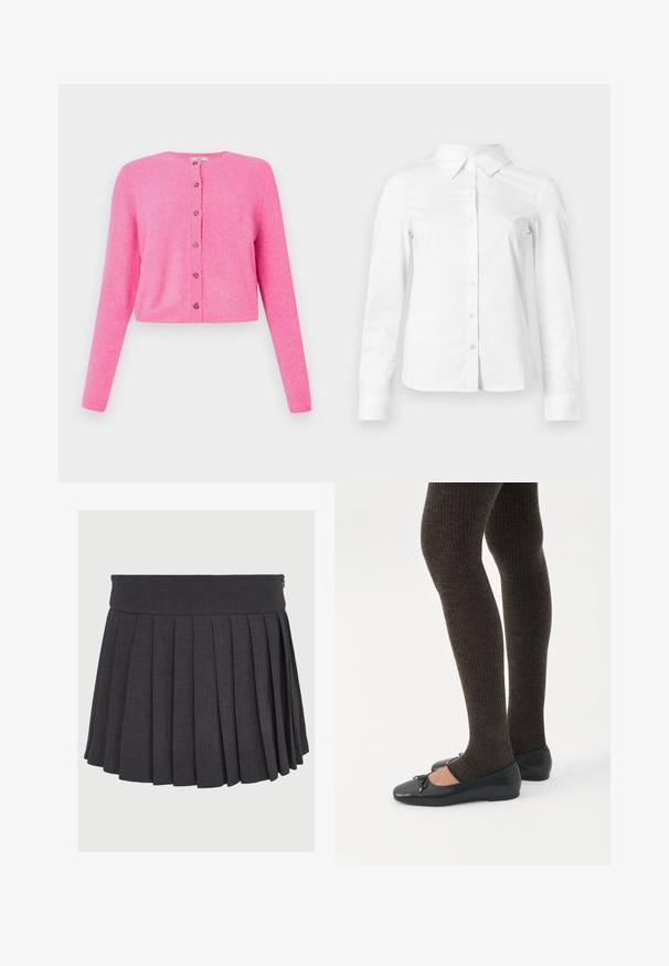 Cárdigan corto rosa hecho de material suave, con mangas largas, un cuello redondo y seis botones en la parte frontal con acentos decorativos.; Camisa blanca de manga larga con botones, cuello puntiagudo, bajo recto y silueta ajustada, presentada sobre un fondo claro y liso.; Falda gris con pliegues, con una cinturilla plana y cierre de cremallera, hecha de una tela texturizada, que presenta pliegues profundos de espaciado uniforme.; Piernas con leggings oscuros acanalados combinados con bailarinas negras que presentan pequeños detalles de lazo sobre un fondo blanco.