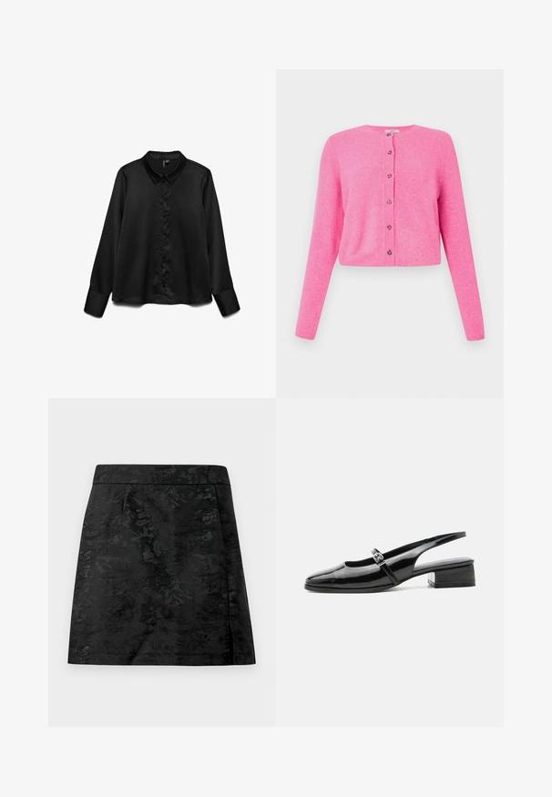 Roze, korte cardigan gemaakt van zacht materiaal, met lange mouwen, een ronde halslijn en zes knopen aan de voorkant met decoratieve accenten.; Zwarte lange mouwen shirt van soepel materiaal, met een knoopsluiting aan de voorkant, klassieke kraag en een subtiele glans. Getailleerde pasvorm met omgeslagen mouwen.; Zwarte rok met een bloemenpatroon, gladde textuur en een getailleerde pasvorm. Heeft een tailleband en een rechte snit met een lichte flare.; Zwarte lakleren slingback schoen met een lage blokhak en een dunne band met zilveren gesp bovenop.