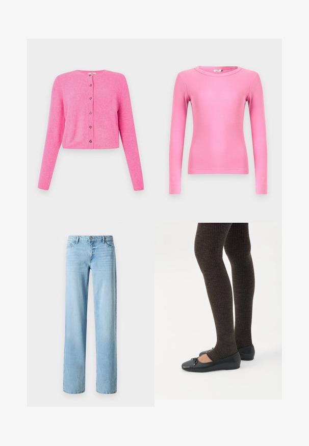 Roze, korte cardigan gemaakt van zacht materiaal, met lange mouwen, een ronde halslijn en zes knopen aan de voorkant met decoratieve accenten.; Langarm strak zittend shirt in levendig roze geribbelde breistof, met een ronde halslijn en naadloze boorden voor een gladde afwerking.; Lichtblauwe denim jeans, met een recht ontwerp, voorzien van vijf zakken en een knoopsluiting aan de voorkant. Soepele textuur met subtiele vervaging.; Benen met donkere geribbelde leggings gecombineerd met zwarte ballerina's met kleine strikdetails op een witte achtergrond.