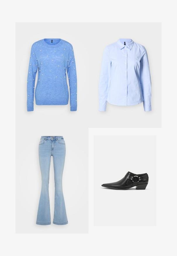 Suéter de punto azul claro con cuello redondo, mangas largas y perlas sintéticas decorativas distribuidas por la parte frontal y las mangas.; Camisa de mujer azul claro de manga larga con botones, con sutiles rayas verticales blancas y cuello puntiagudo sobre un fondo neutro.; Jeans acampanados de color azul claro hechos de denim, con una cintura alta, cinco bolsillos y costuras en contraste a lo largo de las costuras.; Botas de cuero negras hasta el tobillo con puntera puntiaguda, que presentan una correa de cuero en la parte delantera y un detalle de hebilla plateada, además de un tacón bajo y cuadrado.