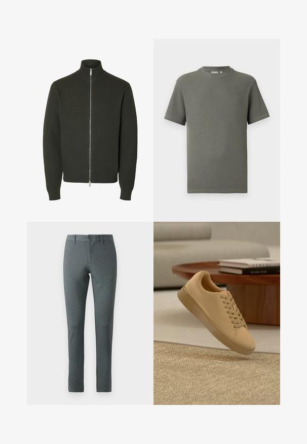 Veste en maille vert foncé à manches longues avec col haut côtelé, poignets et taille, avec une fermeture éclair argentée pleine longueur à l'avant.; T-shirt à manches courtes en maille texturée vert olive avec col rond et ourlet droit, à plat sur fond blanc.; Pantalons gris ajustés en tissu texturé, coupe droite, fermeture à bouton, passants de ceinture et design slim.; Baskets beiges à lacets flottant au-dessus d'un tapis texturé avec une table basse en bois et des livres empilés en arrière-plan flou.