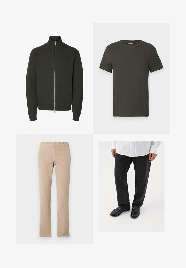 Mørkegrøn strikket jakke med lange ærmer med ribbet høj krave, manchetter og linning med en fuldlængde sølv lynlås foran.; Mørkegrøn kortærmet t-shirt med rund halsudskæring, lavet af ribbet materiale; har et enkelt, minimalistisk design uden mønstre.; Beige bomuldsfløjl bukser med lige ben, med knaplukning, fem lommer og glat tekstur.; Sorte denimbukser parret med skinnende sorte loafers. Skjorten er hvid med tynde lodrette striber, har lange ærmer og en knapkrave.