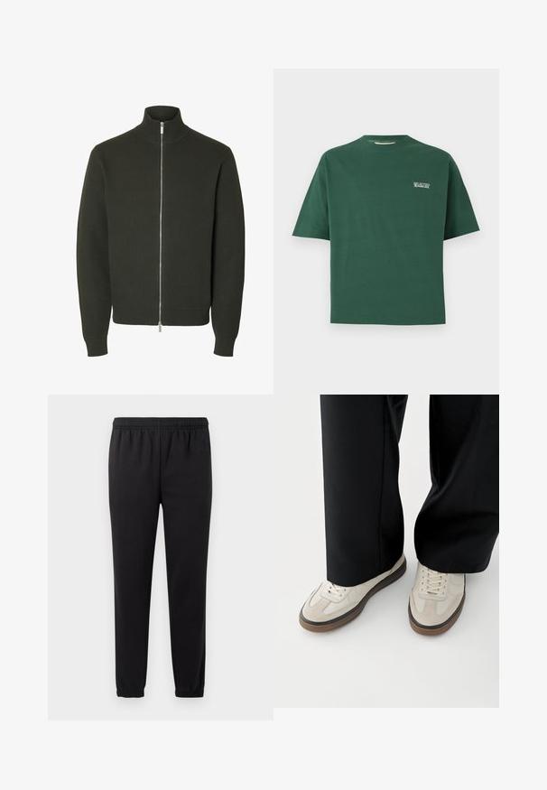 Donkergroene gebreide jas met lange mouwen, een geribde hoge kraag, manchetten en tailleband, met een zilveren rits over de volledige lengte aan de voorkant.; Groene katoenen t-shirt met korte mouwen en een ronde hals, met een klein wit "SELECTED" logo op de linker borst.; Zwarte joggingbroek met elastische tailleband, taps toelopende benen en textuurstof. Voorzien van een subtiele logo detail aan de linkerkant.; Voeten met beige sneakers met bruine zolen en zwarte wijde broekspijpen op een witte achtergrond.
