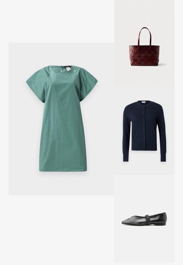 Filippa K CARDIGAN - Neuletakki - navy; Lyhythihainen mekko hillityssä vihreässä sävyssä, jossa on rento leikkaus, sileä pinta ja takana vetoketju kiinnitystä varten.; Musta nahkainen litteä kenkä, jossa on poimutettu remmi päällä ja hieman terävä kärki, esitetty yksiväristä taustaa vasten.; Punottu tumma ruskea nahkainen olkalaukku, jossa on kaksi olkahihnaa, valkoista taustaa vasten.