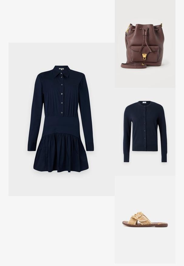 Filippa K CARDIGAN - Cardigan - navy; marineblå skjortekjole med knaplukning foran, lange ærmer, taljeret talje og en flared nederdel med samlede detaljer ved kanten.; Vævede brune sandaler med krydsede stropper, guld accenter, åben tå og en flad brun sål med et struktureret mønster.; Brun tekstureret læder bucket taske med frontlomme, gyldent spænde, snørelukning og aftagelig skulderrem på hvid baggrund.