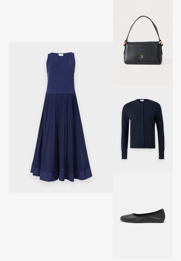 Filippa K CARDIGAN - Ζακέτα - navy; Μπλε ναυτικού φόρεμα με εφαρμοστό κορσέ και πλισέ φούστα. Κατασκευασμένο από μαλακό ύφασμα με λεία υφή. Η γραμμή του τελειώματος διαθέτει μια στερεή ναυτική ταινία.; Μαύρο δερμάτινο μπαλαρίνι με στρογγυλή μύτη, λεία υφή, ελάχιστες λεπτομέρειες ραφής και σχεδίαση ευέλικτης σόλας.; Μαύρη δερμάτινη τσάντα χειρός με δομημένο σχήμα, υφή επιφάνειας, χρυσή λεπτομέρεια στο χερούλι και μικρό λογότυπο στο μπροστινό μέρος.