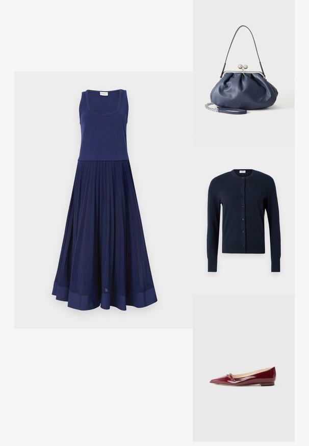 Filippa K CARDIGAN - Cardigan - navy; Mørkeblå kjole med tætsiddende top og plisseret skirt. Lavet af blødt stof med en glat overflade. Nederkanten har et solidt mørkeblåt bånd.; Bordeaux patenteret læderballerinaer med spids tå, der har en lille udskæring og en lav hæl. Glat tekstur og elegant design.; Blød navyblå læderhåndtaske med sølv lukning, enkelt skulderrem og aftagelig kæde til håndleddet på hvid baggrund.