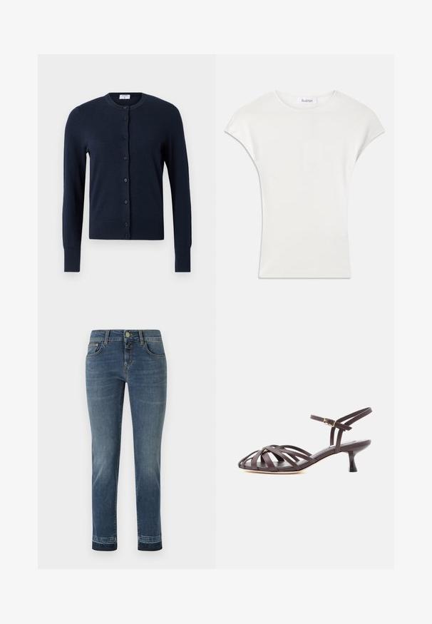 Filippa K CARDIGAN - Kardigán - navy; Biela krátke rukávy košeľa vyrobená z mäkkej, ribovanej látky. Krúžkový výstrih; voľný strih s malými rukávmi. Značka je viditeľná na výstrihu.; Tmavomodré denims nohavice so strihom po celú dĺžku nohy, s klasickým zapínaním na gombík a piatimi vreckami. Svetlé vyblednutie na stehnách.; Tmavohnedá kožená sandála na nízkom podpätku s remienkami a nastaviteľným prackovým remienkom okolo členka na bielom pozadí.
