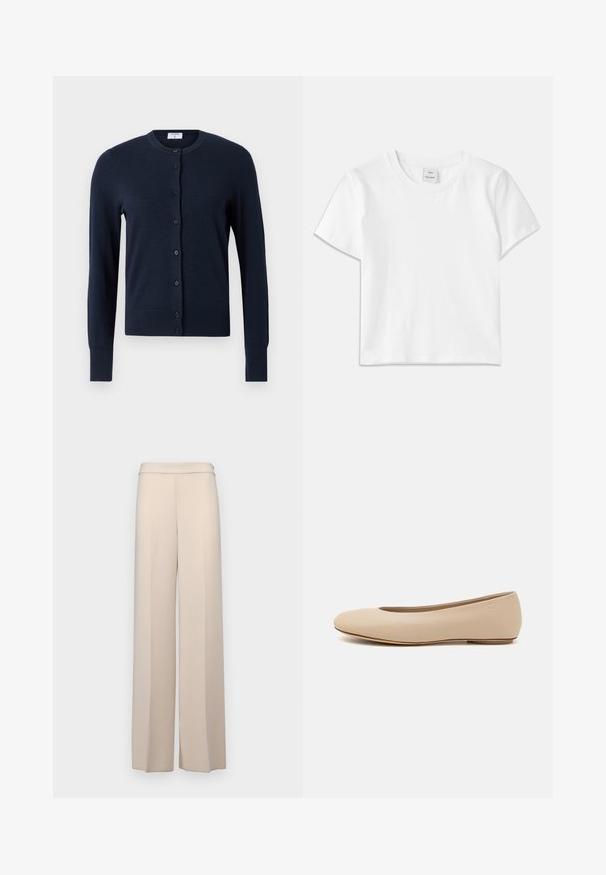 Filippa K CARDIGAN - Cardigan - navy; Hvid bomulds-t-shirt med rund hals, korte ærmer og lige kant. Mærke med teksten "Won Hundred" placeret i midten af halsudskæringen.; Beige vidde bukser i et glat stof med høj talje og subtile frontfolder. Ingen lommer eller synlige hardware detaljer.; Beige læder balletflade med afrundet tå, minimal sømdetaljering, lav hæl og subtilt logo på bagsiden. Glat, mat tekstur.