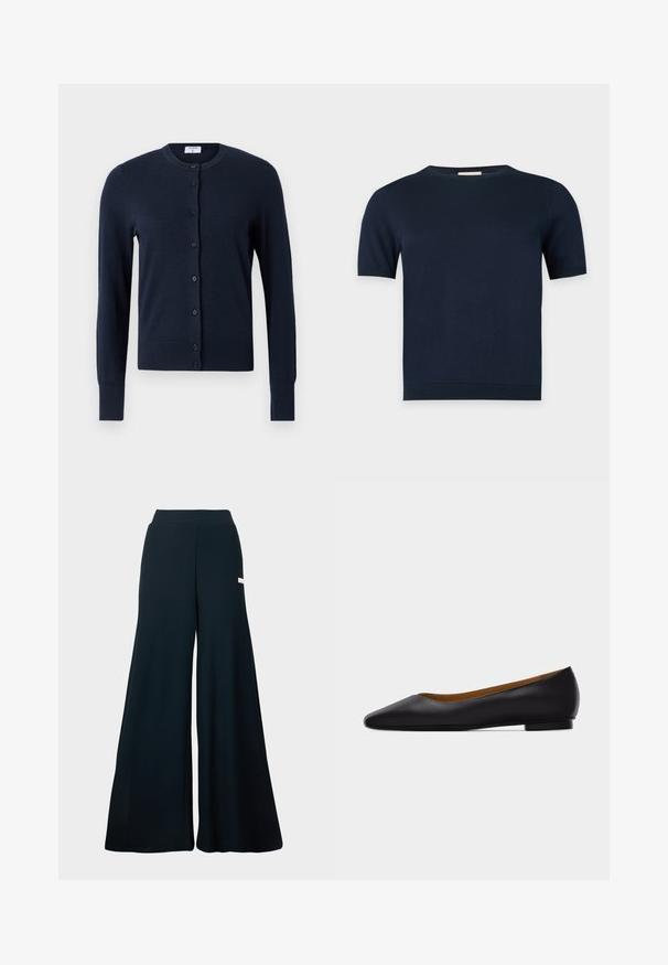 Filippa K CARDIGAN - Strickjacke - navy; Marineblauer kurzärmeliger Strickpullover mit rundem Ausschnitt und gerippten Bündchen und Saum auf schlichtem hellem Hintergrund.; Weite Hosen aus dunkelblauem geripptem Stoff mit hohem Taillenbund und dezentemseitlichem Branding. Glatte Textur und volle Länge.; Schwarzer flacher Schuh aus Leder mit spitz zulaufender Vorderkappe, niedrigem Absatz und glatter Oberfläche, von der Seite vor einem hellgrauen Hintergrund dargestellt.