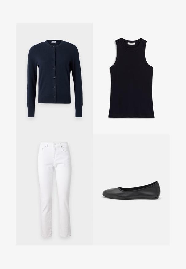 Filippa K CARDIGAN - Kardigán - navy; Čierny bezrukávový top s rebrovanou textúrou, okrúhlym výstrihom a bežným strihom. Na štítku je napísané "IVY OAK." Žiadne ďalšie vzory ani akcenty.; Biele denimové nohavice so strižným strihom, stylingom s piatimi vreckami a kovovým zapínaním, s hladkým povrchom a minimálnym prešívaním.; Čierne kožené baleríny s okrúhlou špičkou, hladkým povrchom, minimálnym prešívaním a flexibilným dizajnom podrážky.