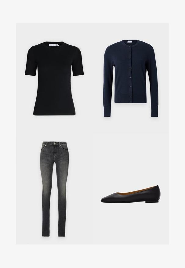 Filippa K CARDIGAN - Gilet - navy; T-shirt noir ajusté à manches courtes avec un col rond et une étiquette à l'intérieur du col sur un fond clair uni.; Jean skinny en denim gris foncé, avec une taille mi-haute, des poches avant et un léger dégradé pour un aspect texturé.; Chaussure plate en cuir noir à bout pointu avec talon bas et finition lisse, vue de côté sur un fond gris clair.