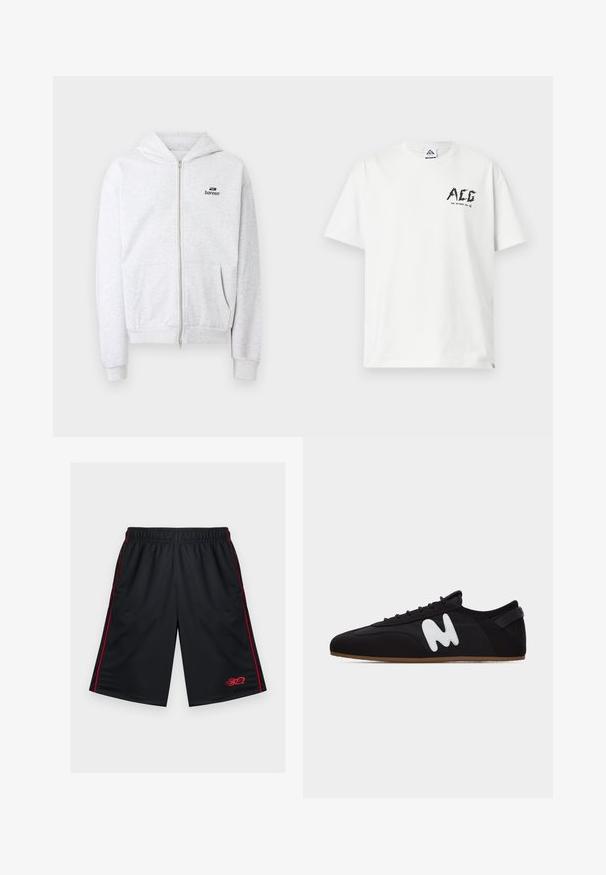 Light gray zip-up hoodie with front pockets and a small black "bareen" logo on the chest, featuring ribbed cuffs and hem.; White short-sleeve T-shirt with black "ACG" logo and text "FOR OUTDOOR USE" on upper left chest.; Black mesh athletic shorts with red side stripes and a red flame graphic near the bottom hem, elastic waistband, zipper side pockets.; Black low-top sneaker with thin brown sole and white stylized "M" logo on side, viewed from the left.