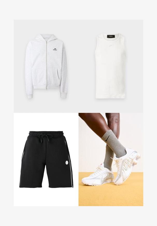 Sudadera con cremallera de color gris claro con bolsillos delanteros y un pequeño logo negro "bareen" en el pecho, con puños y dobladillo acanalados.; Camiseta blanca sin mangas con cuello redondo y pequeño detalle desgastado debajo del escote.; Pantalones cortos negros hasta la rodilla con cintura elástica y cordón, rayas blancas verticales en los lados y pequeño logo redondo en el muslo izquierdo.; Zapatillas Nike en blanco con detalles plateados, con paneles texturizados y perforaciones. Combinadas con calcetines grises acanalados, sobre un fondo amarillo.