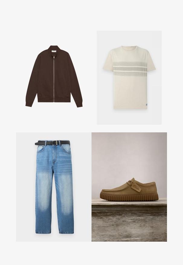 Bruine zip-up sweatshirt met een hoge kraag, voorzakken en ribbelmanchetten. Gemaakt van gladde, zachte stof met een klassiek ontwerp.; Beige T-shirt met korte mouwen en een ronde hals, met drie horizontale lichtgrijze strepen over de borst.; Lichtblauwe denim jeans met een rechte pijp, voorzien van een zwarte riem, vervaagde vlekken en subtiele diagonale textuur op het bovenste gedeelte.; Lichtbruine suède schoenen met een ronde neus, gestikte details en een geribbeld bruine rubberen zool. Bevat een zijlabel met het "Clarks" logo.