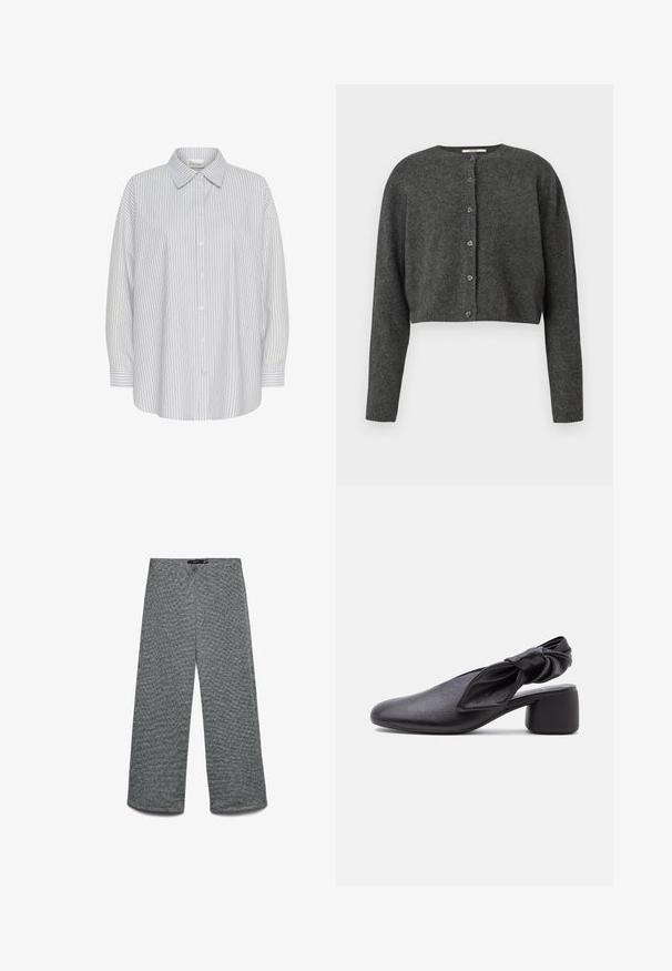 Cardigan court gris charbon avec un col rond et six boutons sur le devant, manches longues et une texture tricot douce.; Chemise blanche à boutons avec de fines rayures verticales bleu marine, manches longues et col pointu. Présente une coupe décontractée et aucun motif visible.; Pantalon à jambes larges en tissu tricoté gris texturé. Doté d'une taille haute et de jambes droites, offrant une coupe décontractée.; Chaussure slingback en cuir noir avec bout arrondi, détail de bride nouée et petit talon carré sur fond blanc.