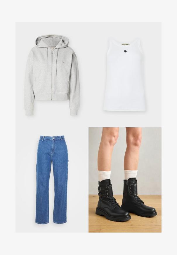 Hellgrauer Kapuzenpullover mit Reißverschluss, Kordelzügen, Vordertaschen, gerippten Bündchen und kleinem "cK"-Logo auf der linken Brust.; Weißes ärmelloses Tanktop aus Baumwolle mit rundem Halsausschnitt und kleinem schwarzen Bären-Logo in der Mitte. Glatte Textur.; Blaue High-Waist-Jeans mit geradem Bein, ausgestattet mit einem Frontknopfverschluss und seitlichen Taschen. Glatte Textur und keine sichtbaren Muster.; Schwarze Leder-Stiefeletten mit Schnürung vorne und robuster Gummisohle. Mit Nietenakzenten und verstellbaren Schnallenriemen. Texturierte Oberfläche.