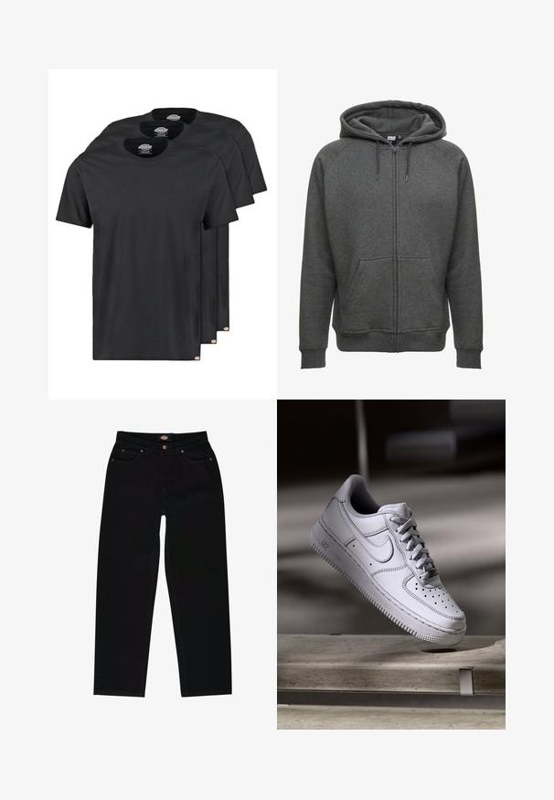 Graue Zip-Hoodie aus Baumwoll-Mischgewebe, mit Kapuze mit Kordelzug, Seitentaschen und gerippten Bündchen und Saum.; Schwarze Baumwoll-T-Shirts im Dreierpack. Rundhalsausschnitt, kurze Ärmel und eine glatte Textur. Logo-Tag am Saum.; Schwarze Jeans aus Denim im geraden Schnitt, mit fünf Taschen, braunen Nähten und einem Reißverschluss. Glatte Textur und hochwertiges Material.; Weißer Nike Air Force 1 Sneaker aus Leder mit perforierter Zehenpartie, flachen Schnürsenkeln und strukturierter Gummisohle mit "AIR"-Branding an der Seite.