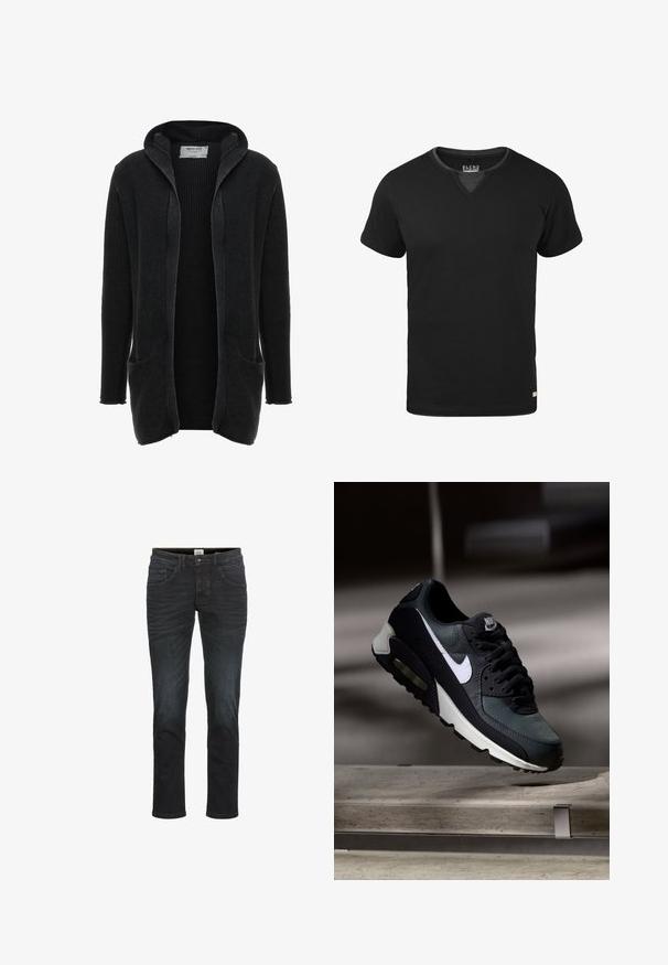 INDICODE JEANS GRAHAM - Strickjacke - black; Schwarzes T-Shirt mit kurzen Ärmeln, aus Baumwolle gefertigt, mit einem V-Ausschnitt und einem kontrastierenden Innenkragen. Schlicht, einfarbig ohne Muster.; Schlanke Jeans in dunkelblauem Denim, mit fünf Taschen, Gürtelschlaufen und einem Reißverschluss. Glatte Textur mit minimaler Ausbleichung und Nähdetails.; Schwarzer und grauer Nike Air Max Sneaker mit weißem Swoosh, schwebend über einer Betonfläche vor einem verschwommenen dunklen Hintergrund.