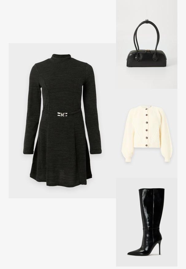 Cardigan crème en maille torsadée avec manches ballon et six boutons foncés sur le devant, présenté sur fond blanc.; Robe noire à manches longues avec un col haut, taille cintrée mettant en valeur un accent argenté, et une jupe évasée à la texture lisse.; Bottes noires en cuir, hautes jusqu'au genou, avec un bout pointu et un talon aiguille haut. Texture lisse et design épuré, avec un minimum de détails.; Sac à main en cuir noir avec deux anses allongées, fermeture éclair et forme arrondie ; texture lisse avec une finition légèrement brillante.