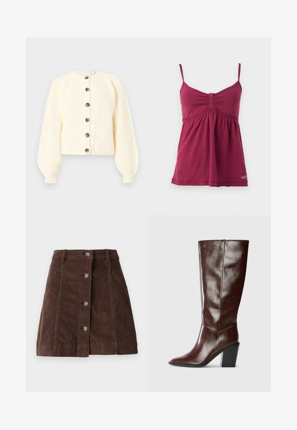 Cardigan crème en maille torsadée avec manches ballon et six boutons foncés sur le devant, présenté sur fond blanc.; Caraco rose foncé sans manches avec fines bretelles spaghetti, boutonnière au centre devant, couture froncée à la poitrine et un petit logo d'oiseau sur l'ourlet inférieur.; Jupe A-line en velours côtelé marron avec fermeture à boutons sur le devant et poches latérales, dotée de passants de ceinture et de détails de coutures verticales.; Botte haute en cuir marron foncé avec un bout pointu et un talon empilé, présentée de côté sur un fond uni.