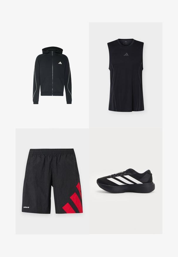 Sweat à capuche noir zippé avec poche avant, capuche, lignes blanches courbes sur les manches et logo triangulaire blanc sur la poitrine.; Débardeur de sport noir avec des panneaux latéraux en mesh subtils et un petit logo Adidas centré sous l'encolure ronde.; Shorts de sport noirs avec des bandes diagonales rouges sur le côté gauche, taille élastique, fabriqués en tissu léger et texturé. Logo Adidas affiché.; Chaussure de running noire avec une semelle épaisse et trois bandes diagonales blanches sur le côté, vue de l'extérieur.