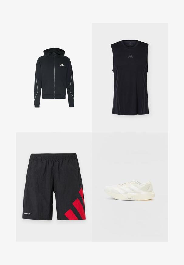 Sort hættetrøje med lynlås, frontlomme, hætte, hvide buede linjer på ærmerne og hvidt trekantet logo på brystet.; Sort ærmeløs træningsshirt med subtile mesh-sidepaneler og en lille Adidas-logo centreret under den runde halsudskæring.; Sorte atletikshorts med røde diagonale striber på venstre side, elastisk taljebånd, lavet af let, tekstureret stof. Adidas-logo vist.; Hvid atletiksko med mesh-overdel, prydet med tre hvide striber, rund tå og en lys sål mærket "LIGHTSTRIKE PRO."