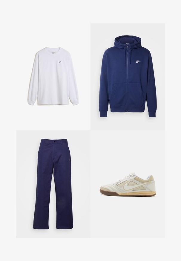 Mørkeblå zip-up hoodie lavet af blødt fleece-stof, med en frontlomme, ribbede manchetter og et hvidt Nike-logo på venstre bryst.; Hvid langærmet t-shirt i bomuld med et lille sort skateboardgrafik på venstre bryst og ribbede manchetter.; Nike Sportswear PANT - Bukser - midnight navy/(white); Hvid atletisk sko med en struktureret overdel, grå accenter, snørebånd og en tan gummisål. Har et karakteristisk logo på siden.